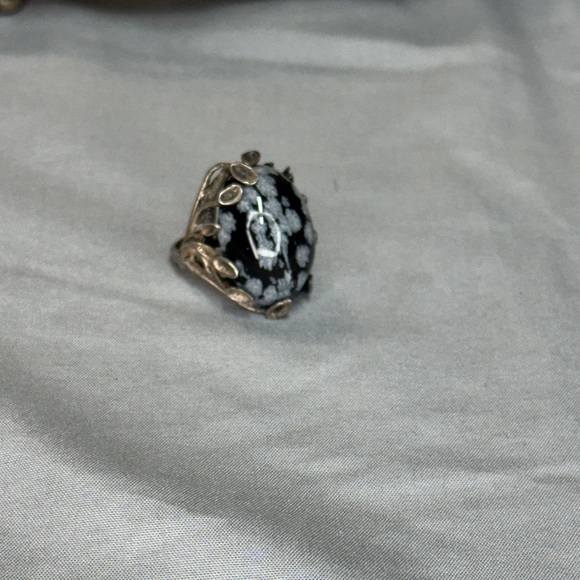 Colette Jewelry - Black and White Snowflake Obsidian Statement Ring - Silver Tone